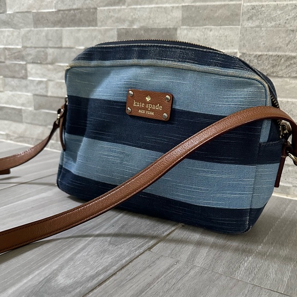 Kate Spade Denim Stripe Crossbody Camera Bag- leather Strap- Blue Brown Gold - Picture 10 of 11